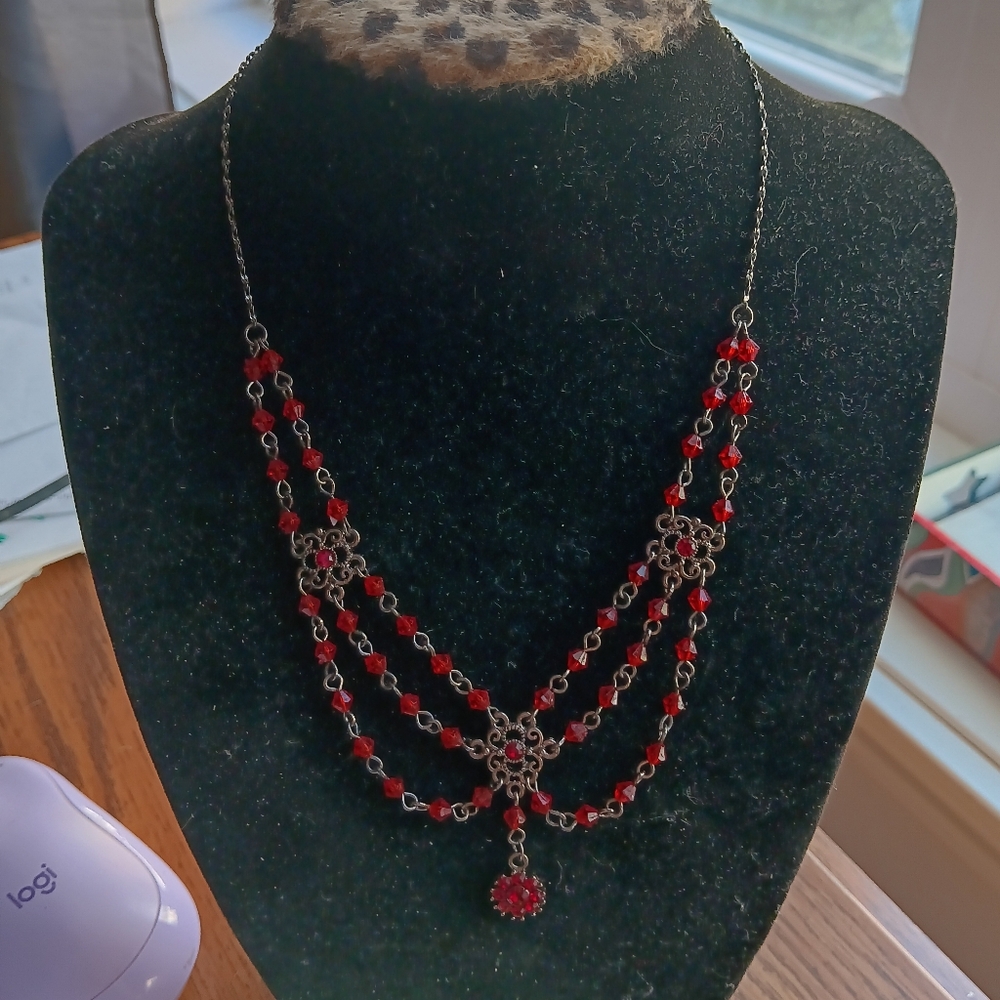 Red Beaded Necklace and Gold V herringbone necklace with faux diamonds